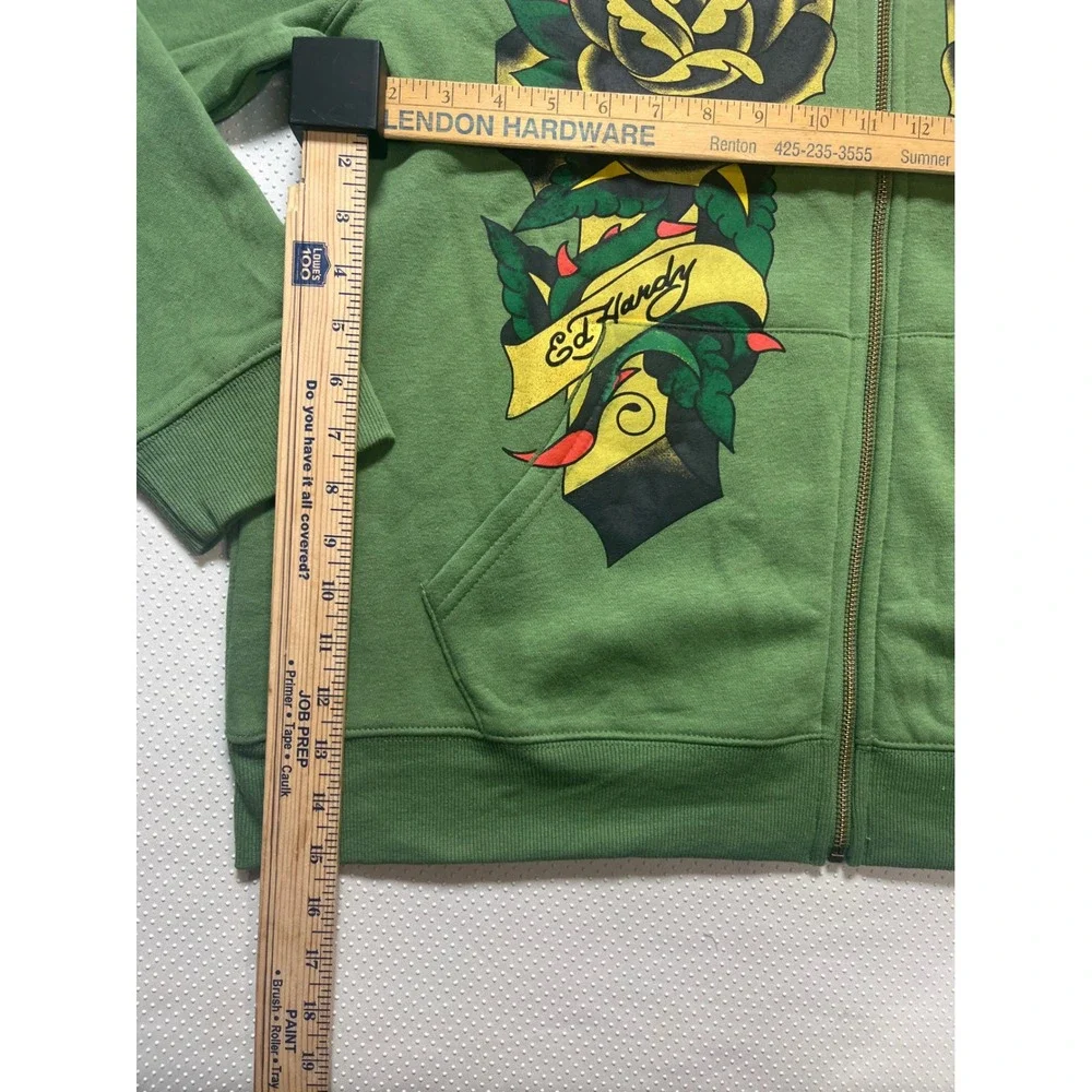 Ed Hardy Hoodie Mens XL Army Green NEW Rose Tattoo Graphic Full Zip EEHM1301-14